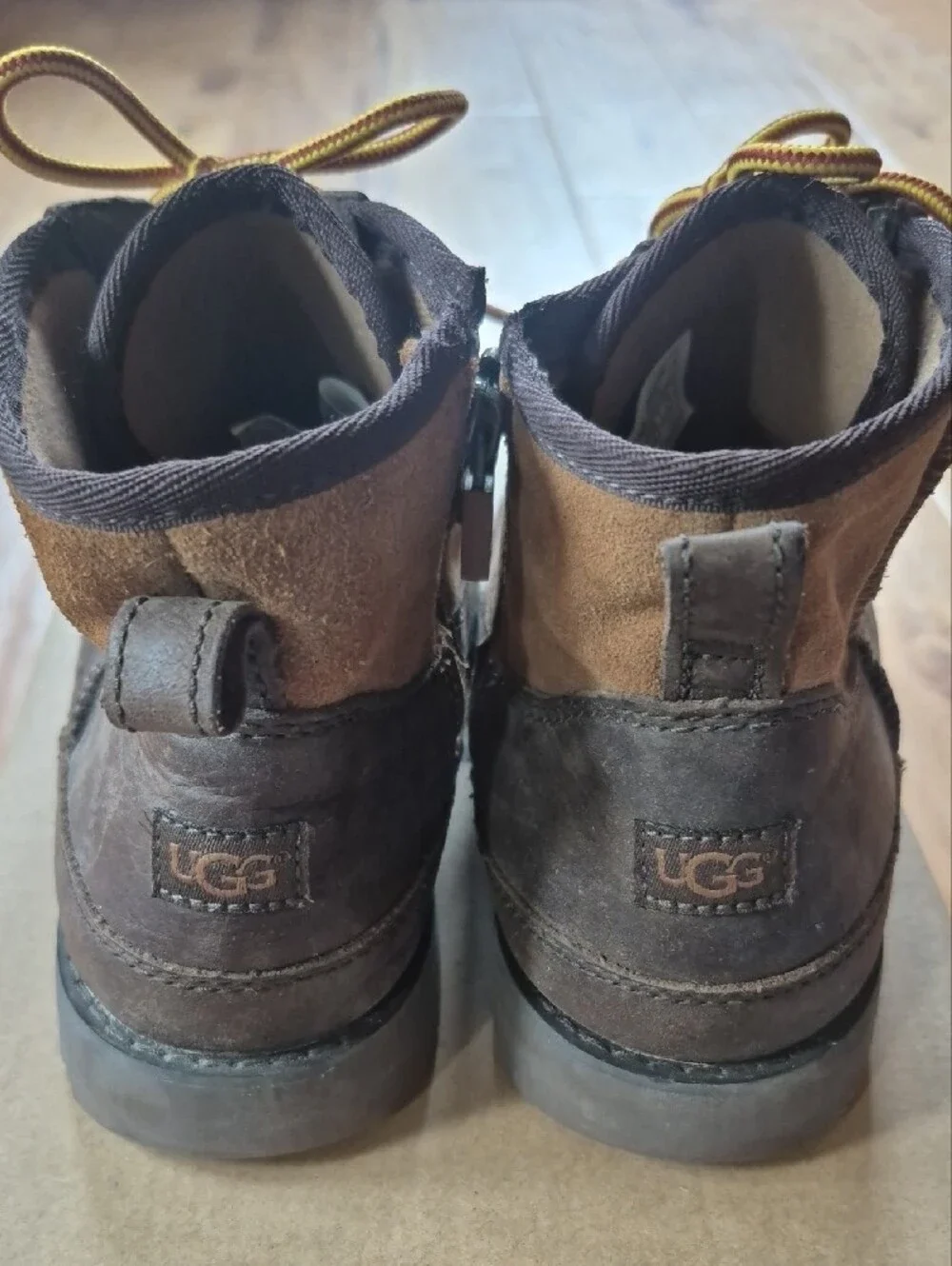 UGG Bradley Two Toned Brown Suede And Leather Boots with Yellow Accent Laces
